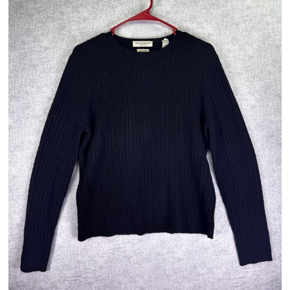 Valerie Stevens Black Cashmere Cable Knit Sweater Top Women Large Round Neck - Picture 2 of 7